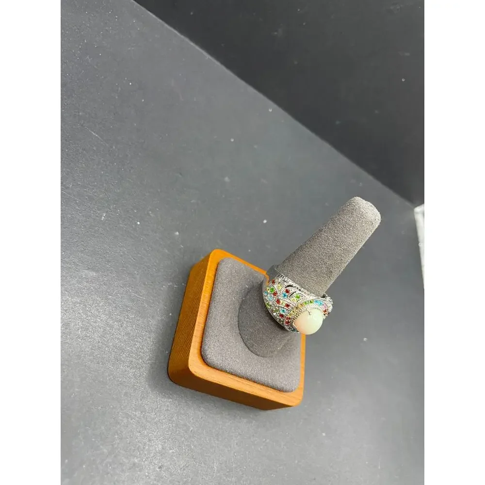 STS 925 Sterling Silver Opal Multi Color Gemstone Statement Ring Size 9.75